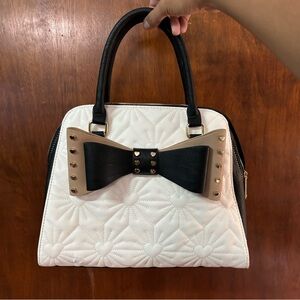 Betsey Johnson Bow w Heart Studded Purse Black White and Beige